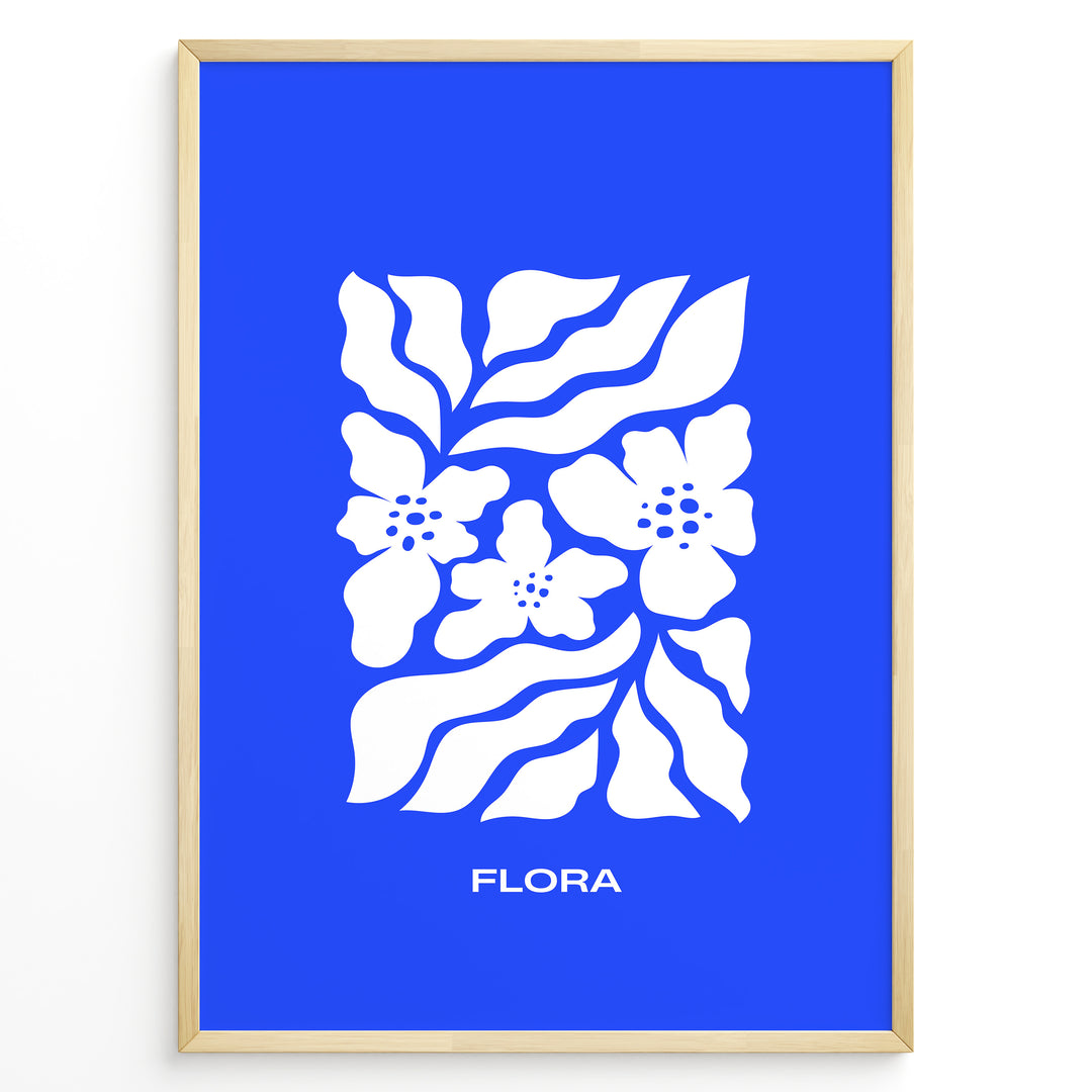 Flora Indigo Plakat | Matisse Poster | Blå baggrund med hvide blomster og elegant typografi