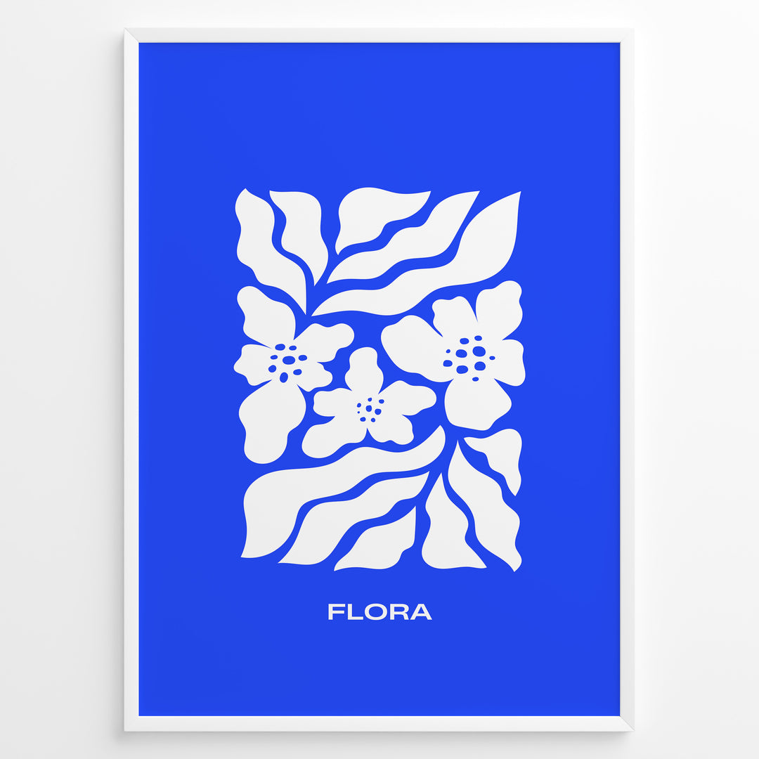 Flora Indigo Plakat | Matisse Poster | Blå baggrund med hvide blomster og elegant typografi