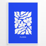 Load image into Gallery viewer, Flora Indigo Plakat | Matisse Poster | Blå baggrund med hvide blomster og elegant typografi
