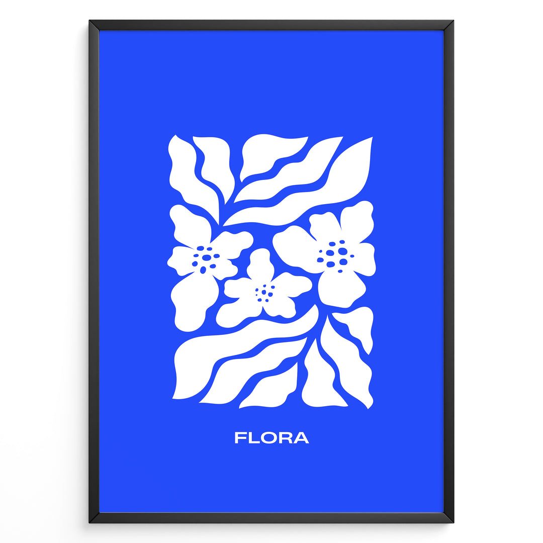 Flora Indigo Plakat | Matisse Poster | Blå baggrund med hvide blomster og elegant typografi