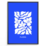 Load image into Gallery viewer, Flora Indigo Plakat | Matisse Poster | Blå baggrund med hvide blomster og elegant typografi
