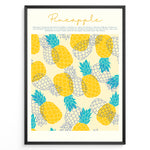 Load image into Gallery viewer, Tropical pineapple wall art featuring yellow and blue illustrated pineapples with text about pineapple origins, framed in black, ideal for kitchen or summer-inspired wall décor.
