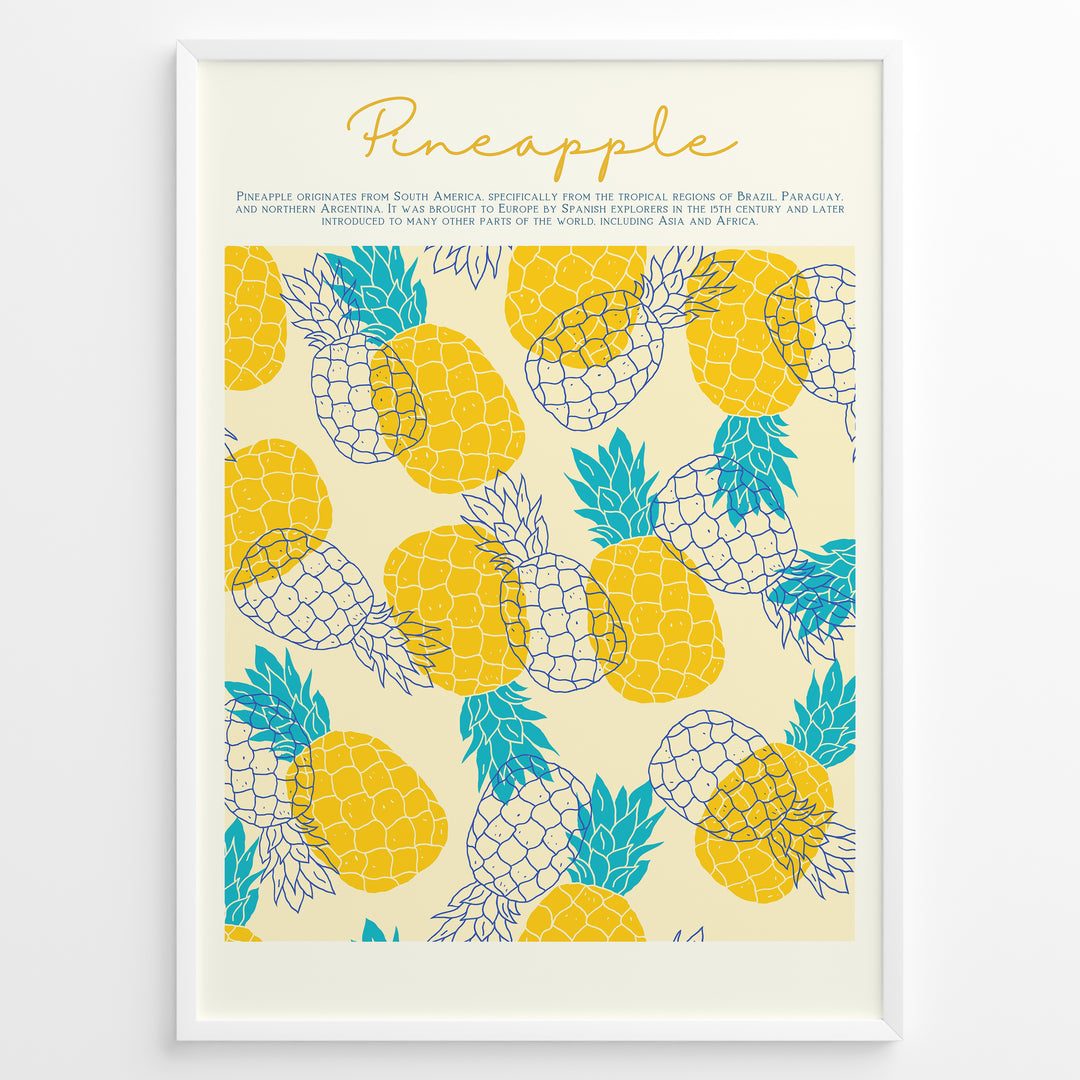 Tropical pineapple wall art featuring yellow and blue illustrated pineapples with text about pineapple origins, framed in black, ideal for kitchen or summer-inspired wall décor.
