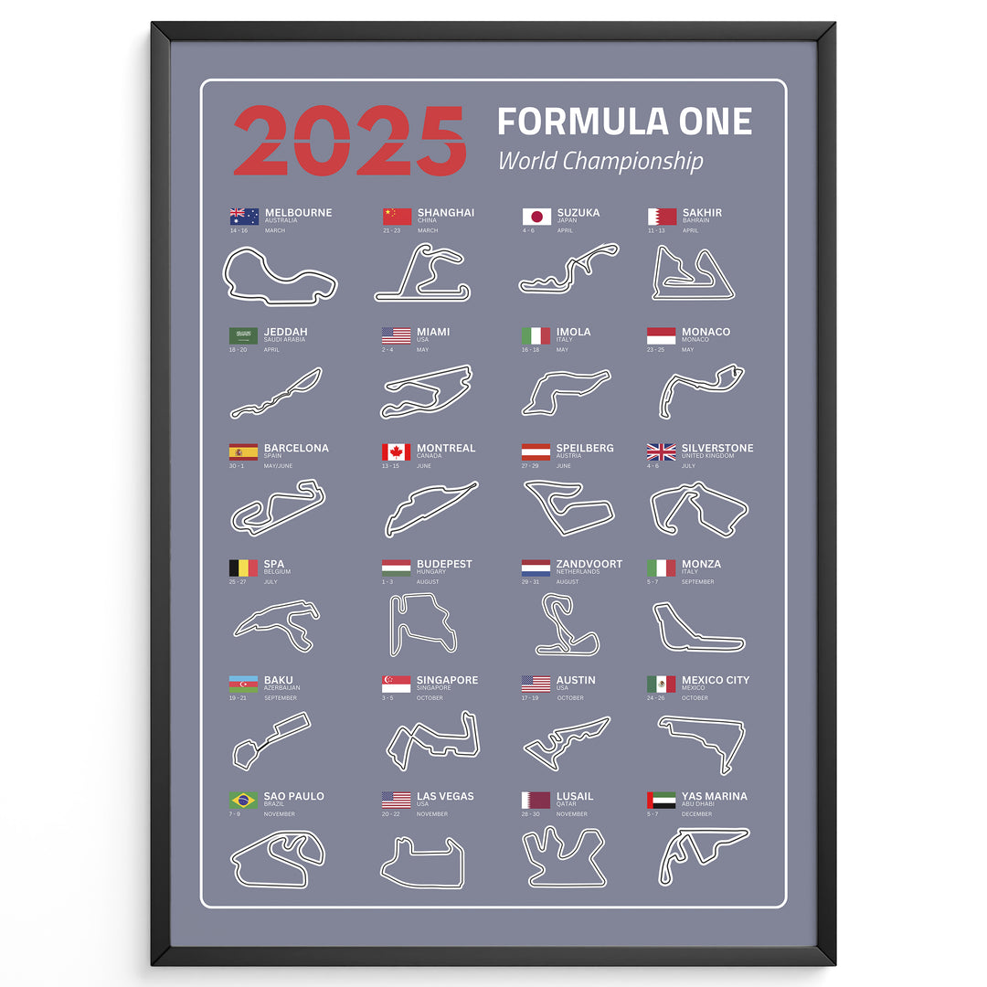 F1 Plakat | F1 Kalender Plakater 2025 | Formel 1 Race Tracking Map | Perfekt til Den Ægte Fan | Plakaty.dk