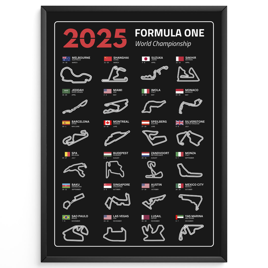 F1 Plakat | F1 Kalender Plakater 2025 | Formel 1 Race Tracking Map | Perfekt til Den Ægte Fan | Plakaty.dk