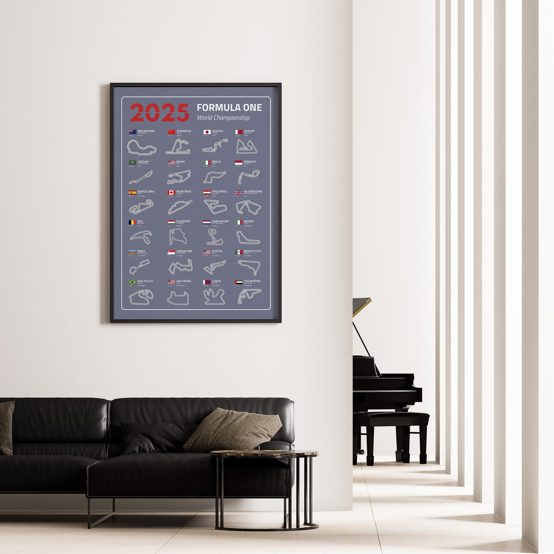 F1 Plakat | F1 Kalender Plakater 2025 | Formel 1 Race Tracking Map | Perfekt til Den Ægte Fan | Plakaty.dk