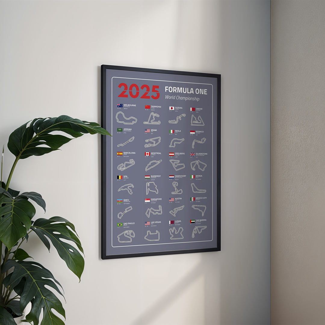 F1 Plakat | F1 Kalender Plakater 2025 | Formel 1 Race Tracking Map | Perfekt til Den Ægte Fan | Plakaty.dk