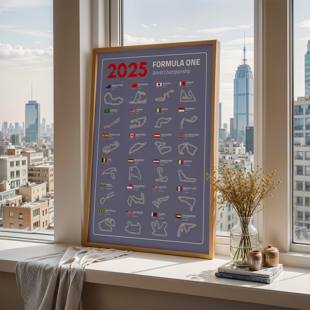 F1 Plakat | F1 Kalender Plakater 2025 | Formel 1 Race Tracking Map | Perfekt til Den Ægte Fan | Plakaty.dk
