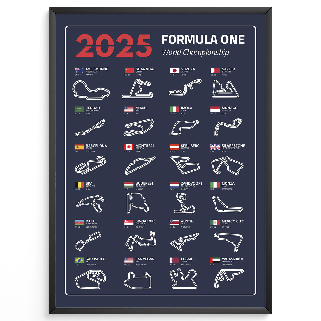 F1 Plakat | F1 Kalender Plakater 2025 | Formel 1 Race Tracking Map | Perfekt til Den Ægte Fan | Plakaty.dk