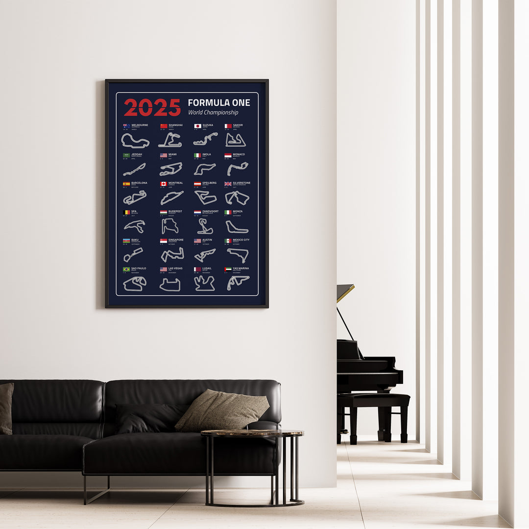 F1 Plakat | F1 Kalender Plakater 2025 | Formel 1 Race Tracking Map | Perfekt til Den Ægte Fan | Plakaty.dk