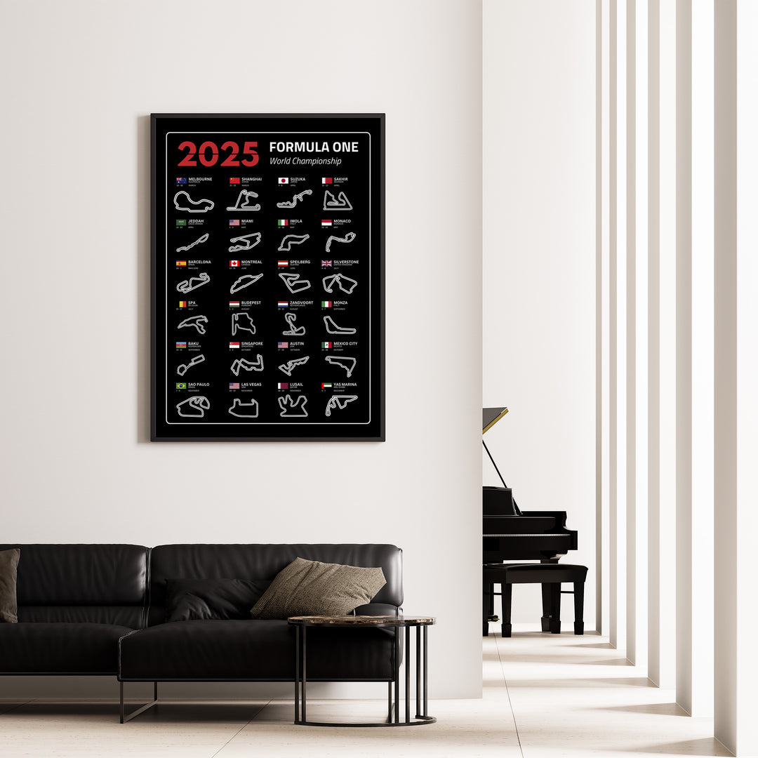 F1 Plakat | F1 Kalender Plakater 2025 | Formel 1 Race Tracking Map | Perfekt til Den Ægte Fan | Plakaty.dk
