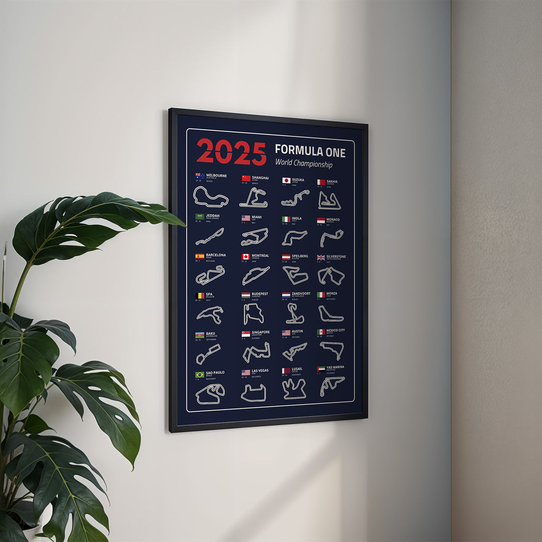F1 Plakat | F1 Kalender Plakater 2025 | Formel 1 Race Tracking Map | Perfekt til Den Ægte Fan | Plakaty.dk