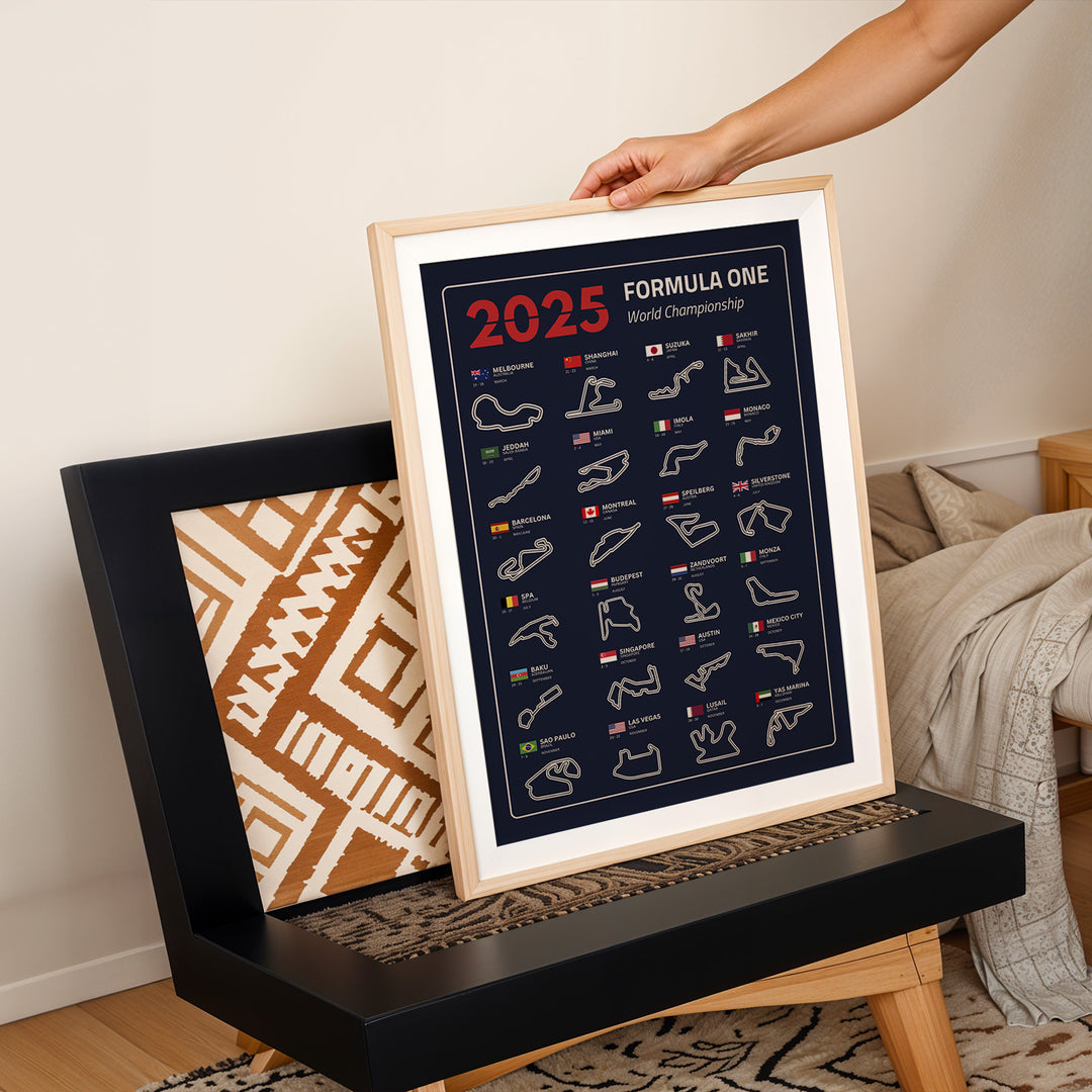 F1 Plakat | F1 Kalender Plakater 2025 | Formel 1 Race Tracking Map | Perfekt til Den Ægte Fan | Plakaty.dk