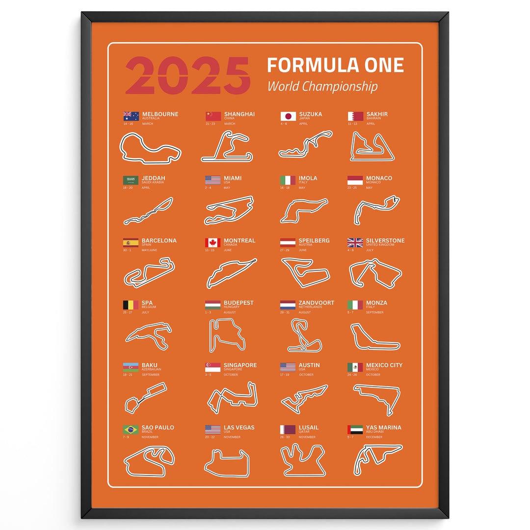 F1 Plakat | F1 Kalender Plakater 2025 | Formel 1 Race Tracking Map | Perfekt til Den Ægte Fan | Plakaty.dk