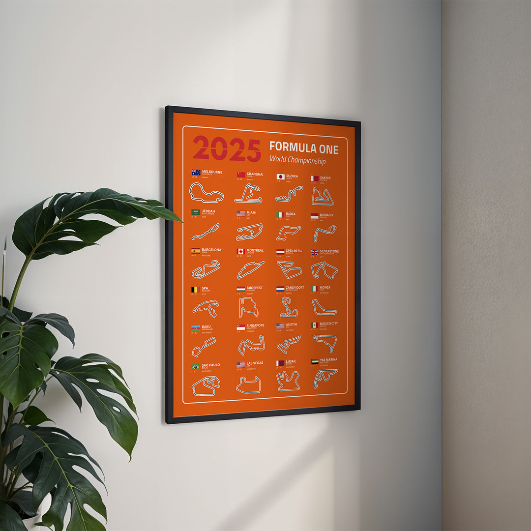 F1 Plakat | F1 Kalender Plakater 2025 | Formel 1 Race Tracking Map | Perfekt til Den Ægte Fan | Plakaty.dk