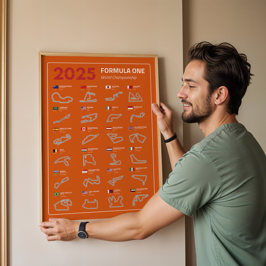 F1 Plakat | F1 Kalender Plakater 2025 | Formel 1 Race Tracking Map | Perfekt til Den Ægte Fan | Plakaty.dk
