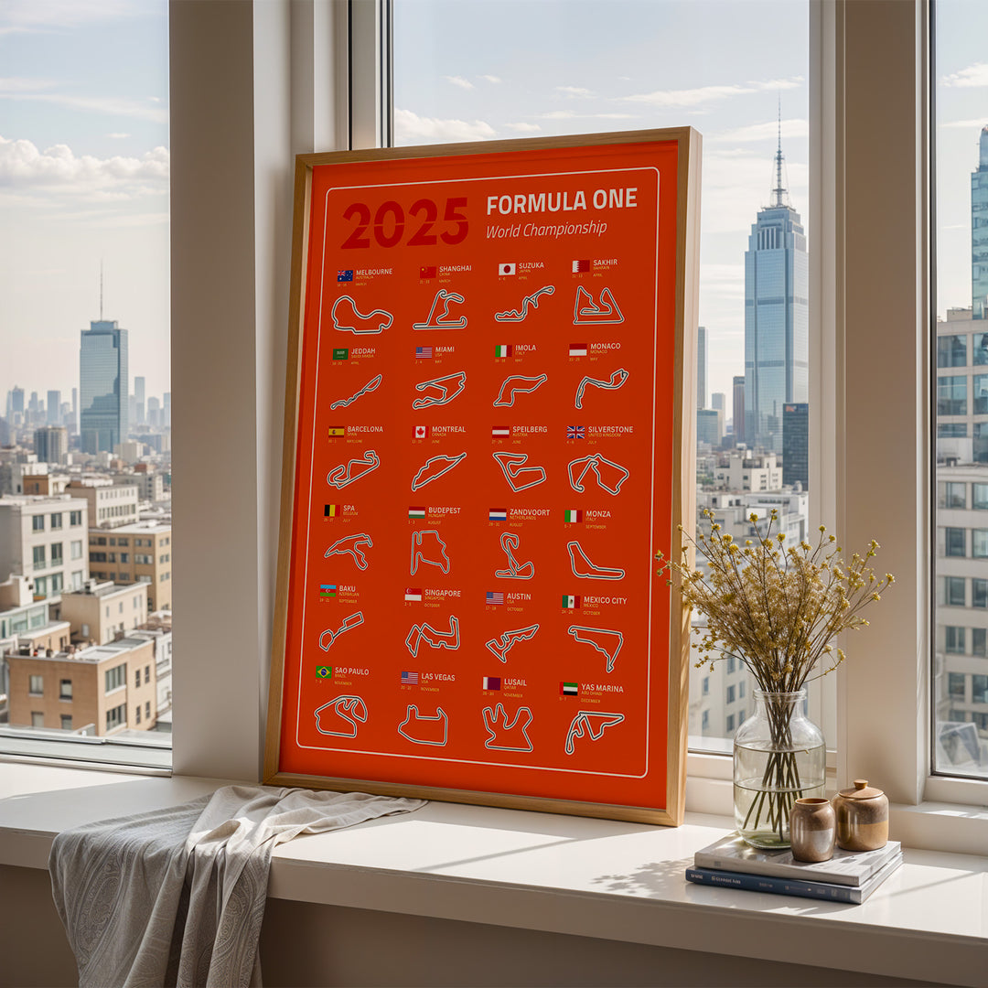 F1 Plakat | F1 Kalender Plakater 2025 | Formel 1 Race Tracking Map | Perfekt til Den Ægte Fan | Plakaty.dk