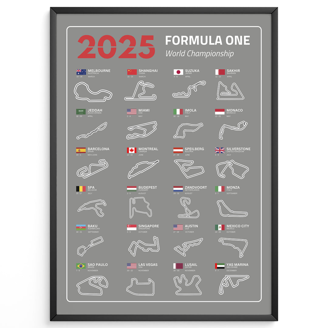 F1 Plakat | F1 Kalender Plakater 2025 | Formel 1 Race Tracking Map | Perfekt til Den Ægte Fan | Plakaty.dk