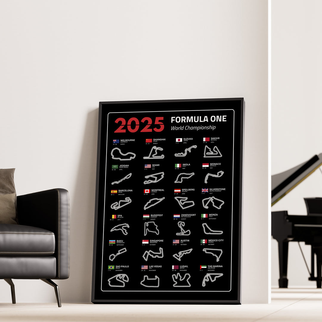 F1 Plakat | F1 Kalender Plakater 2025 | Formel 1 Race Tracking Map | Perfekt til Den Ægte Fan | Plakaty.dk