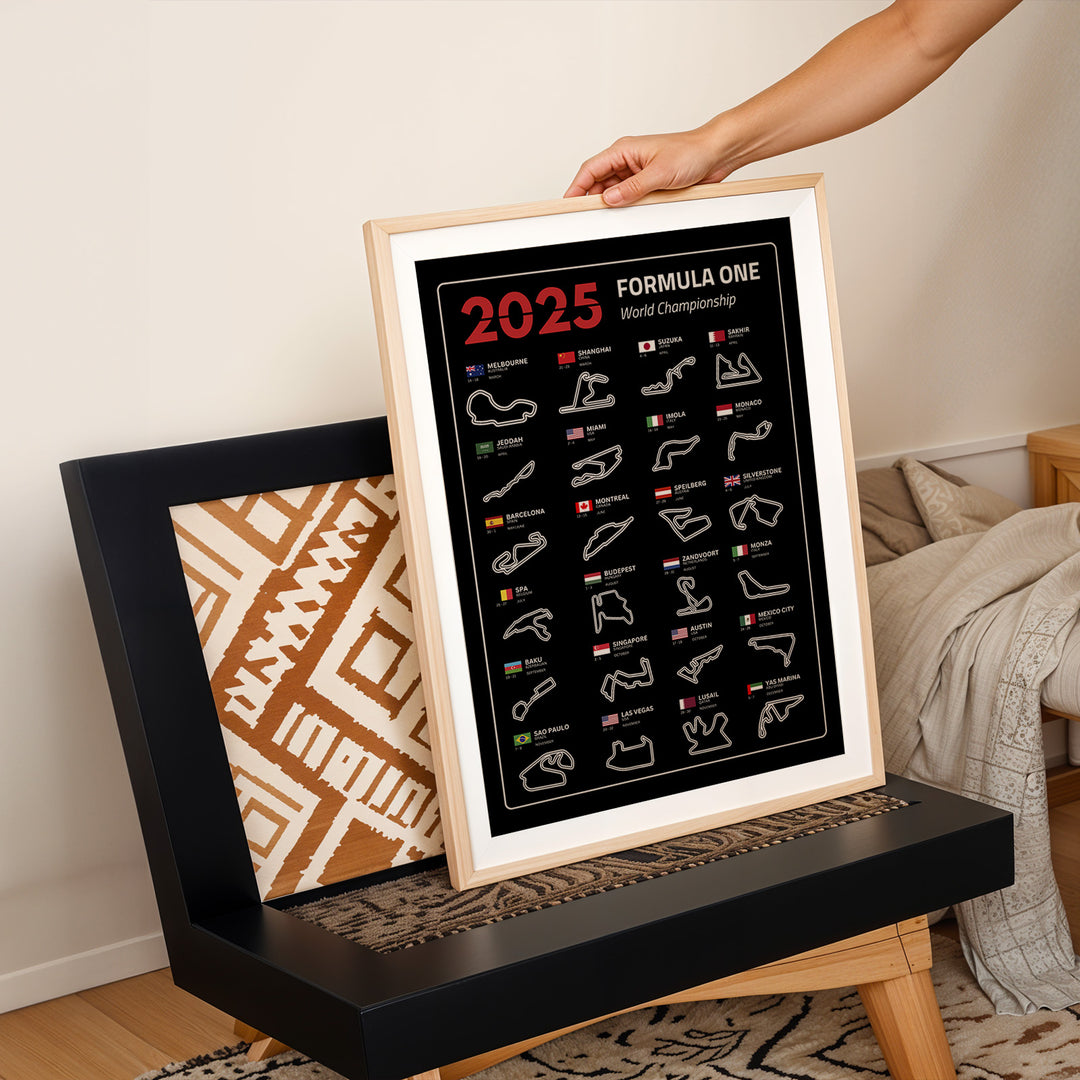 F1 Plakat | F1 Kalender Plakater 2025 | Formel 1 Race Tracking Map | Perfekt til Den Ægte Fan | Plakaty.dk