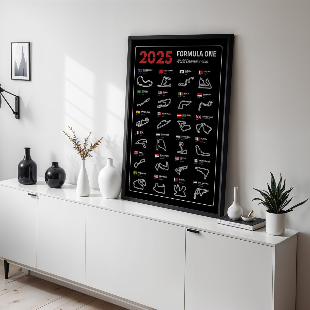 F1 Plakat | F1 Kalender Plakater 2025 | Formel 1 Race Tracking Map | Perfekt til Den Ægte Fan | Plakaty.dk