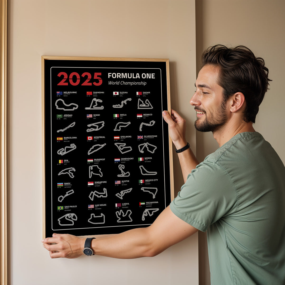 F1 Plakat | F1 Kalender Plakater 2025 | Formel 1 Race Tracking Map | Perfekt til Den Ægte Fan | Plakaty.dk