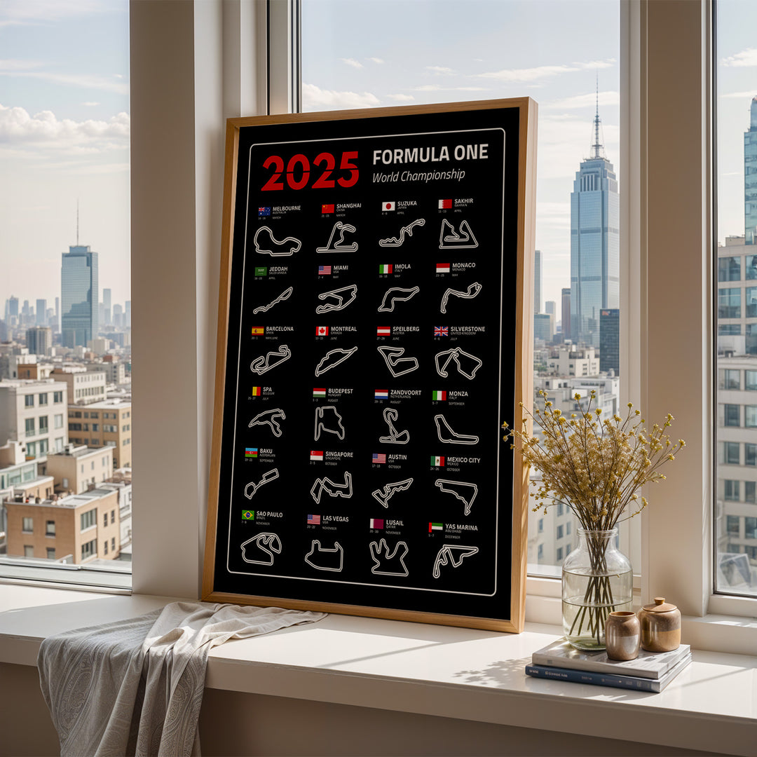 F1 Plakat | F1 Kalender Plakater 2025 | Formel 1 Race Tracking Map | Perfekt til Den Ægte Fan | Plakaty.dk