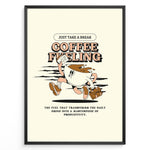 Load image into Gallery viewer, Motivational coffee wall art showing a cartoon coffee cup running with papers and a briefcase, featuring the quote “Coffee Fueling – Just Take a Break,” ideal for office or kitchen décor.
