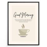 Load image into Gallery viewer, Minimalist wall art featuring a coffee cup illustration and the text “Good Morning – Start your day right with our energizing brew,” ideal for kitchen or café wall decoration.
