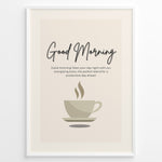 Load image into Gallery viewer, Minimalist wall art featuring a coffee cup illustration and the text “Good Morning – Start your day right with our energizing brew,” ideal for kitchen or café wall decoration.
