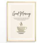 Load image into Gallery viewer, Minimalist wall art featuring a coffee cup illustration and the text “Good Morning – Start your day right with our energizing brew,” ideal for kitchen or café wall decoration.
