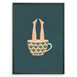 Load image into Gallery viewer, Art print plakat of a beige patterned coffee cup with human legs sticking out against a dark teal background.
