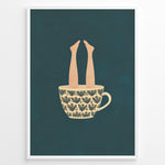 Load image into Gallery viewer, Art print plakat of a beige patterned coffee cup with human legs sticking out against a dark teal background.
