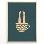 Load image into Gallery viewer, Art print plakat of a beige patterned coffee cup with human legs sticking out against a dark teal background.
