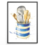Load image into Gallery viewer, Watercolor wall art plakat of a blue-striped jar holding kitchen utensils including wooden spoons, a whisk, and a ladle—ideal for kitchen wall décor or dining area artwork.
