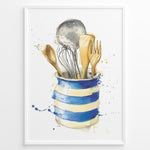 Load image into Gallery viewer, Watercolor wall art plakat of a blue-striped jar holding kitchen utensils including wooden spoons, a whisk, and a ladle—ideal for kitchen wall décor or dining area artwork.
