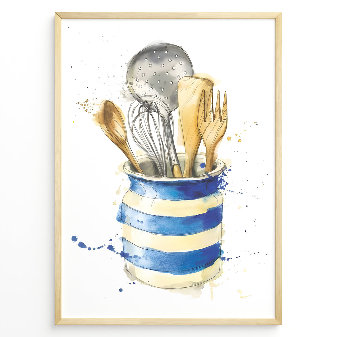 Watercolor wall art plakat of a blue-striped jar holding kitchen utensils including wooden spoons, a whisk, and a ladle—ideal for kitchen wall décor or dining area artwork.