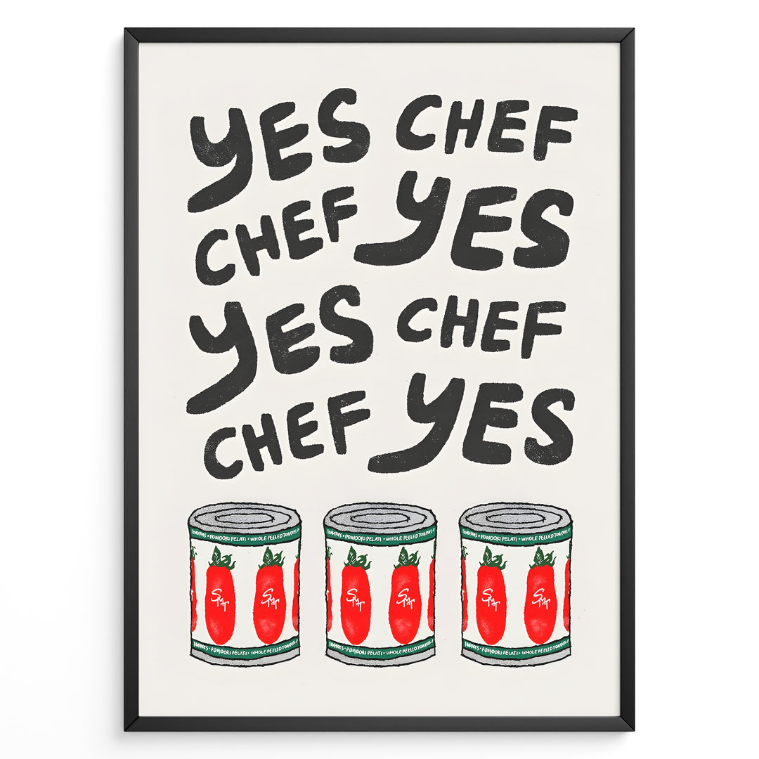 Funny kitchen wall art plakat with the phrase “Yes Chef” and illustrations of tomato cans—ideal for kitchen, café, or restaurant décor.