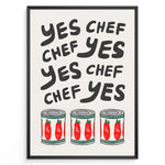 Load image into Gallery viewer, Funny kitchen wall art plakat with the phrase “Yes Chef” and illustrations of tomato cans—ideal for kitchen, café, or restaurant décor.
