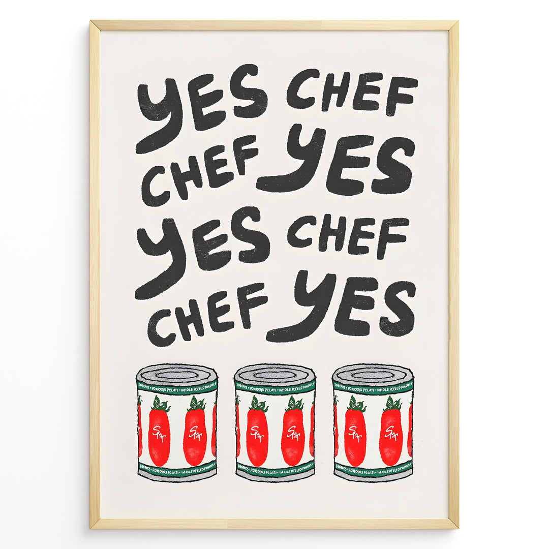 Funny kitchen wall art plakat with the phrase “Yes Chef” and illustrations of tomato cans—ideal for kitchen, café, or restaurant décor.