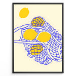 Load image into Gallery viewer, Minimalist wall art plakat of yellow lemons in a blue net pattern on a beige background—modern kitchen or dining room décor print.
