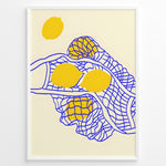 Load image into Gallery viewer, Minimalist wall art plakat of yellow lemons in a blue net pattern on a beige background—modern kitchen or dining room décor print.
