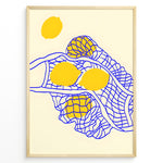 Load image into Gallery viewer, Minimalist wall art plakat of yellow lemons in a blue net pattern on a beige background—modern kitchen or dining room décor print.
