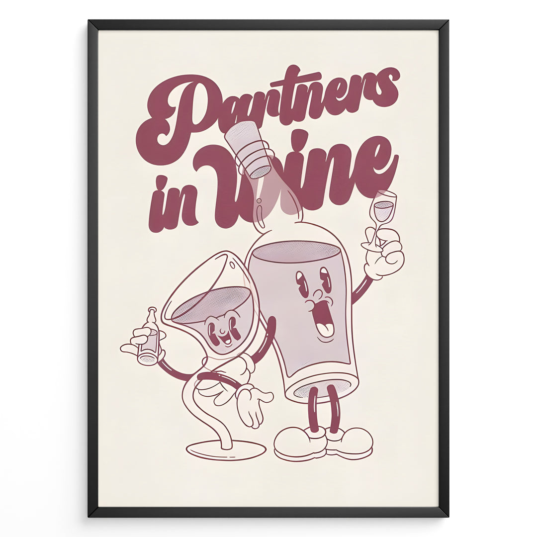 Funny kitchen wall art plakat with “Partners in Wine” text and cartoon wine bottle and glass characters—ideal for bar or dining room décor.
