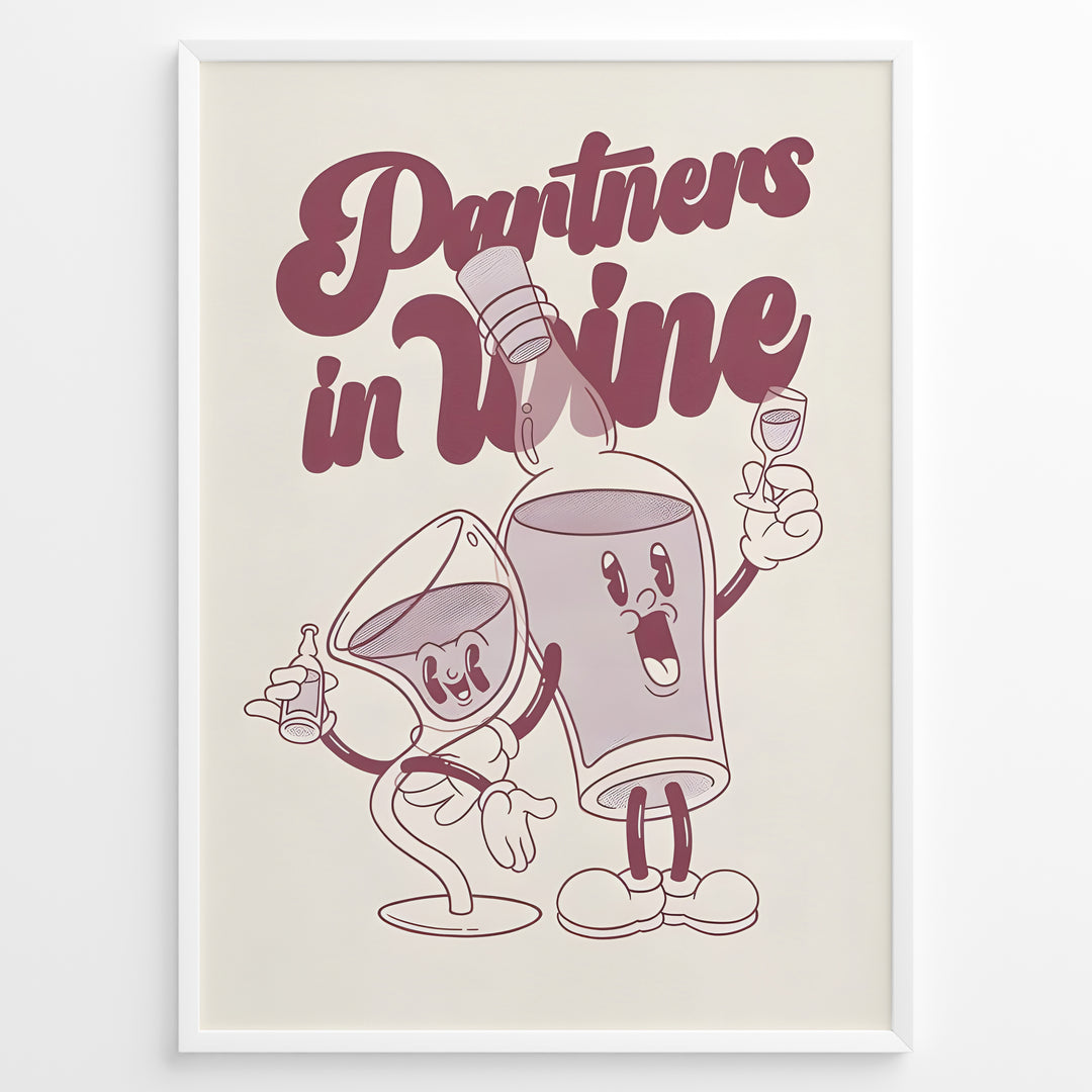 Funny kitchen wall art plakat with “Partners in Wine” text and cartoon wine bottle and glass characters—ideal for bar or dining room décor.