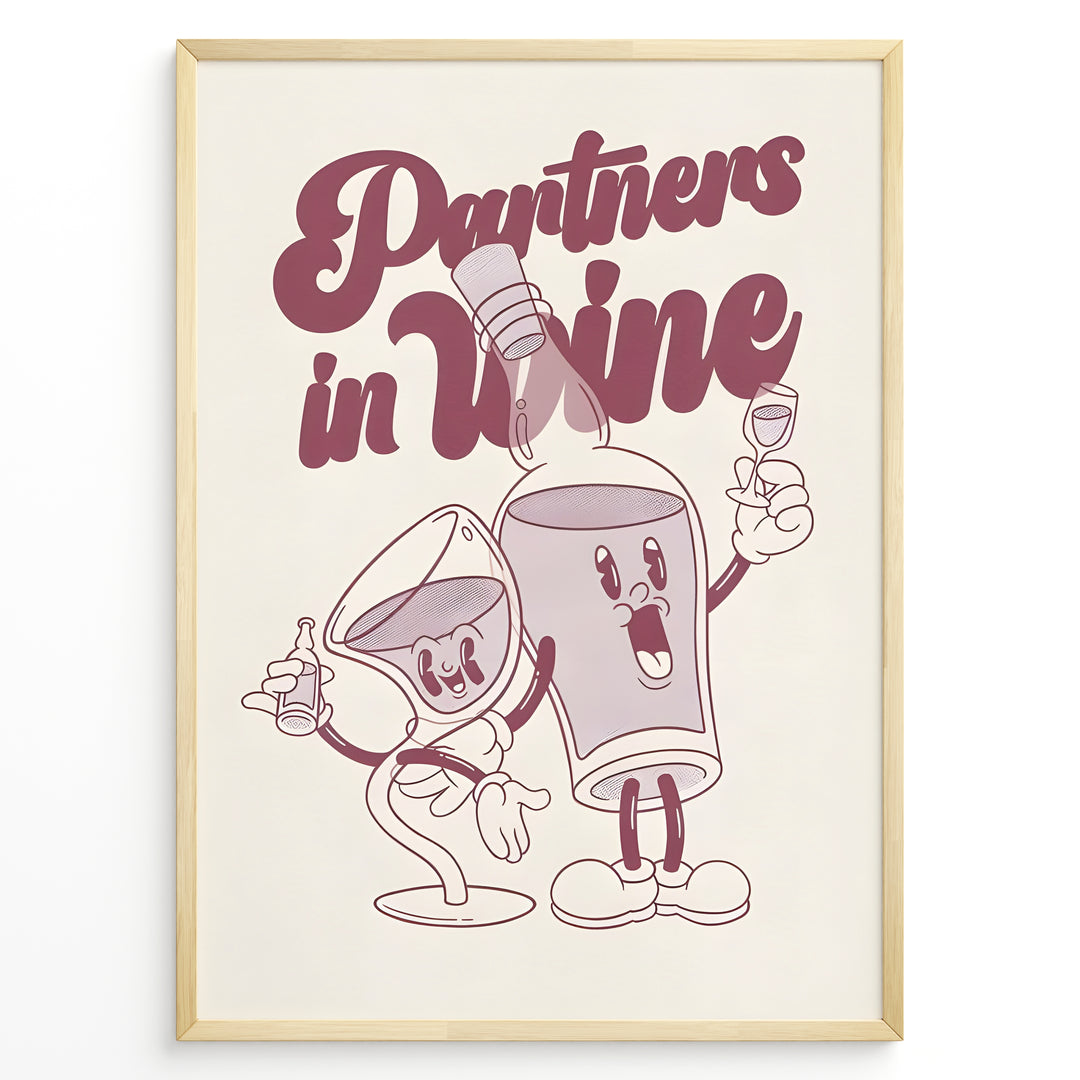 Funny kitchen wall art plakat with “Partners in Wine” text and cartoon wine bottle and glass characters—ideal for bar or dining room décor.