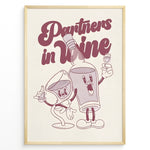 Load image into Gallery viewer, Funny kitchen wall art plakat with “Partners in Wine” text and cartoon wine bottle and glass characters—ideal for bar or dining room décor.
