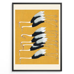 Load image into Gallery viewer, Minimalist Japanese illustration of cranes in a vertical formation on a yellow background in a framed poster.
