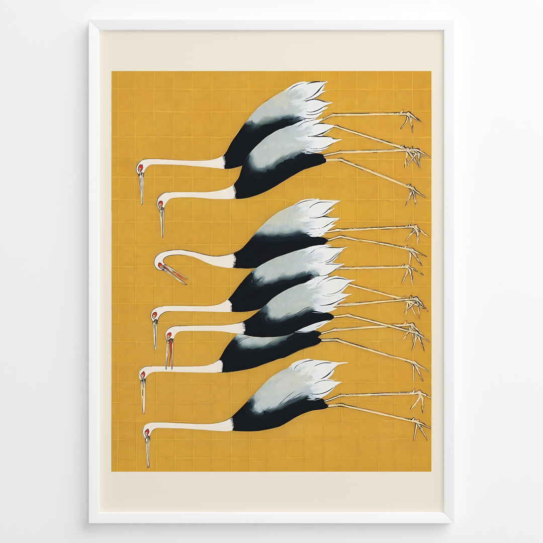 Minimalist Japanese illustration of cranes in a vertical formation on a yellow background in a framed poster.