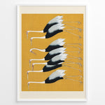 Load image into Gallery viewer, Minimalist Japanese illustration of cranes in a vertical formation on a yellow background in a framed poster.
